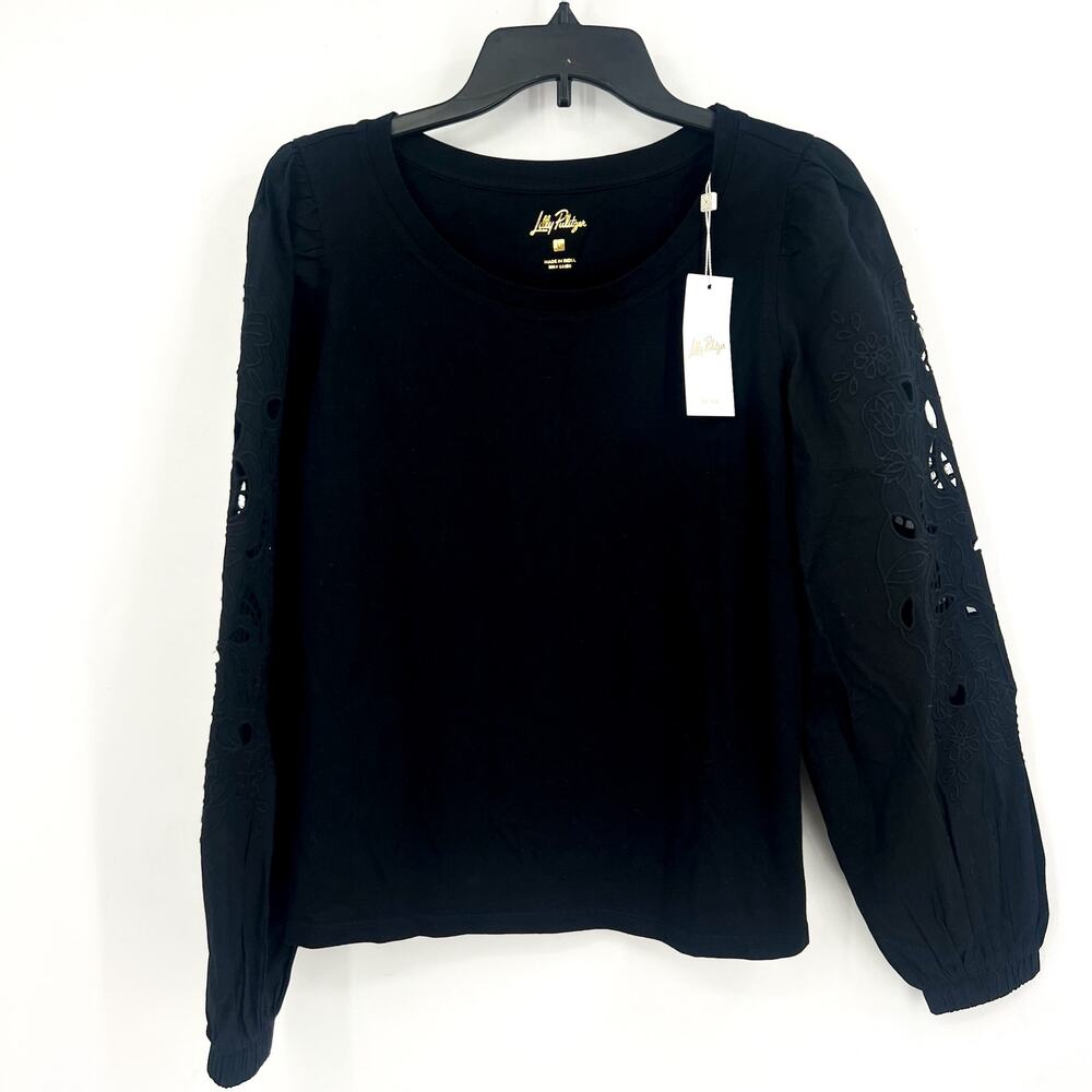 LILLY PULITZER Womens Isley Knit Top Large Black Long Eyelet Sleeves NWT - Picture 6 of 15